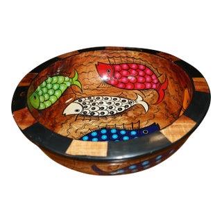 Colorful Hand-Painted Wooden Fish Bowl – Folk Art Decorative Centerpiece For Sale