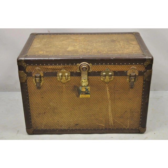 Antique Belber Traveling Goods Brown Monogram Print Hard Case Steamer Trunk. Item features a unique geometric monogram...