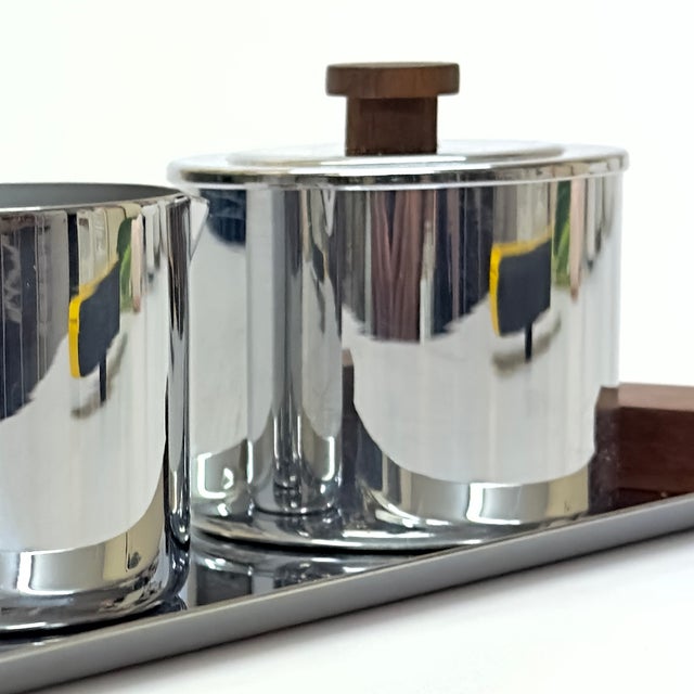 Wood Art Deco Style Chrome and Teak Cream & Sugar Set With Tray by Manning Bowman For Sale - Image 7 of 12