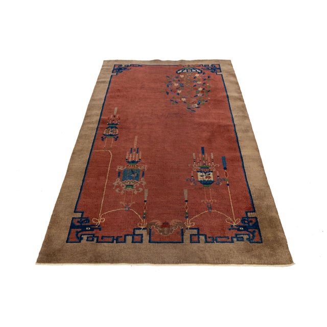 Red 4 X 7 Red Antique Handmade Chinese Art Deco Wool Rug With Floral Design For Sale - Image 8 of 10