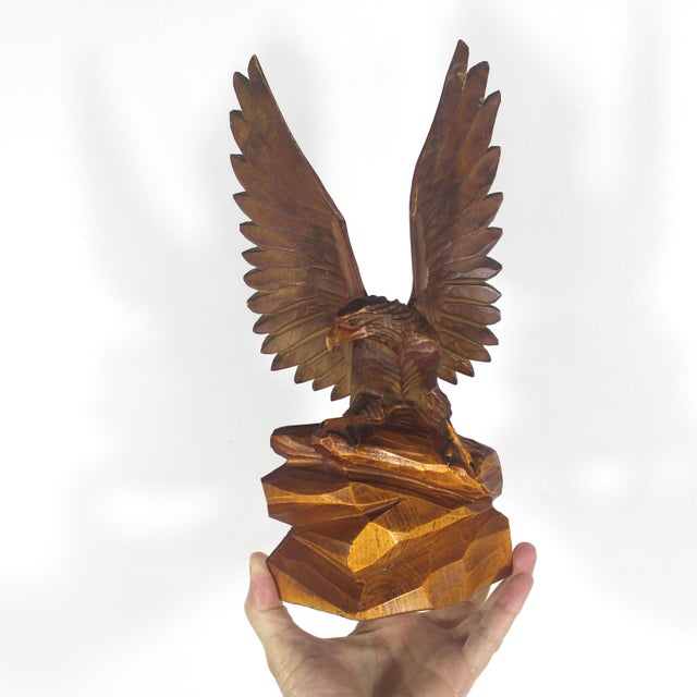 Vintage Carved Wood Eagle Bird Figurine, Man Cave Decor, Hawk Carving, Eagle Small Handmade Wooden Base Bird Sculpture , Collector For Sale - Image 6 of 10