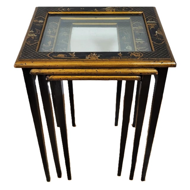 Black Set of Three English Regency Style Chinoiserie Painted Nesting Tables For Sale - Image 8 of 10