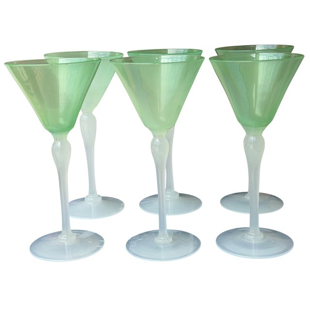 Art Deco 1910s Stevens & Williams Green & White Opaline Glass Cocktail Wine Stems - Set of 6 For Sale - Image 3 of 5