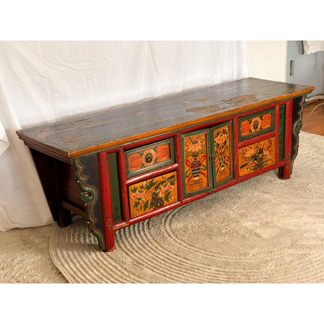 Chinoiserie Antique Mongolian Hand-Painted Kang Cabinet / Low Media Console For Sale - Image 3 of 17