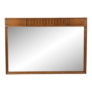 Mid Century Modern Long Rectangular Wall Mirror With Unique Carved Detail at Top of Frame For Sale