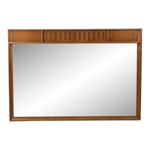 Mid Century Modern Long Rectangular Wall Mirror With Unique Carved Detail at Top of Frame