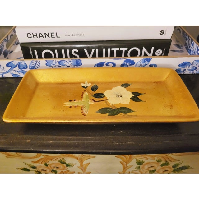 1970s Vintage Baum Brothers Gold Leaf Chinoiserie Bird Floral Trinket Catchall Tray For Sale - Image 5 of 5