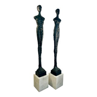 Vintage Pair of Figurative Bronze Man & Woman Sculptures in the Style of Giacometti For Sale