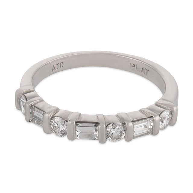 Contemporary Mid Century Baguette and Round Diamond Platinum Half Eternity Band, Size 4.5 For Sale - Image 3 of 7