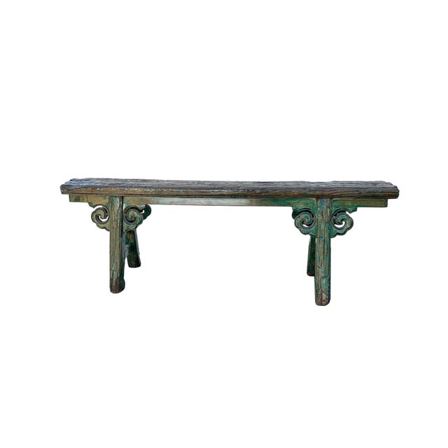 Rustic Distressed Brown Teal Blue Green Village Slim Narrow Scroll Apron Wood Bench For Sale - Image 3 of 6