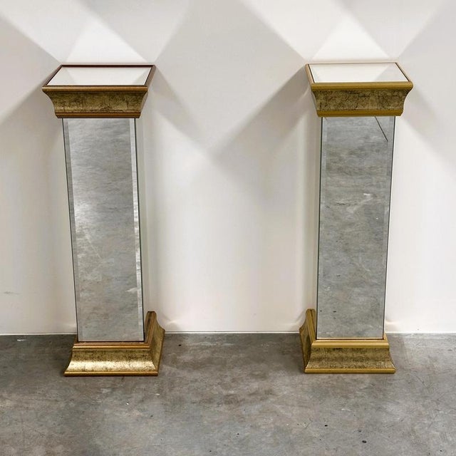 Height: 82 cm / 32.3 in Width: 25 cm / 9.8 in Depth: 25 cm / 9.8 in Elegant pair of vintage mirrored pedestal columns by...