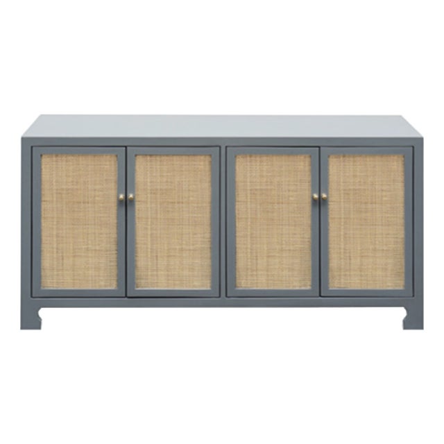 Matthew Izzo Home Sofia Matte Gray Canvas Buffet With Four Caned Doors and Brass Hardware For Sale
