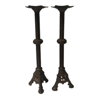 Antique 1900s Tall Brass Altar Candlestick Holders - a Pair For Sale