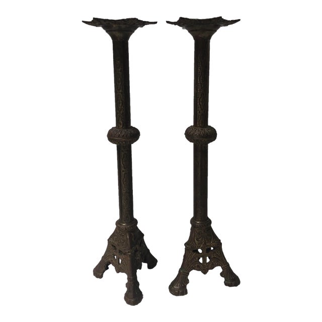 Antique 1900s Tall Brass Altar Candlestick Holders - a Pair For Sale