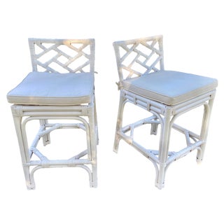 White Chinese Chippendale Bamboo Counter Stools - a Pair For Sale