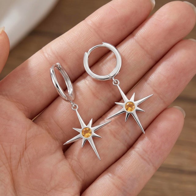 Contemporary 925 Sterling Silver Starburst Drop Earrings With Citrine Gemstone | Modern Hoop Dangle Earrings for Women - A Pair For Sale - Image 3 of 4