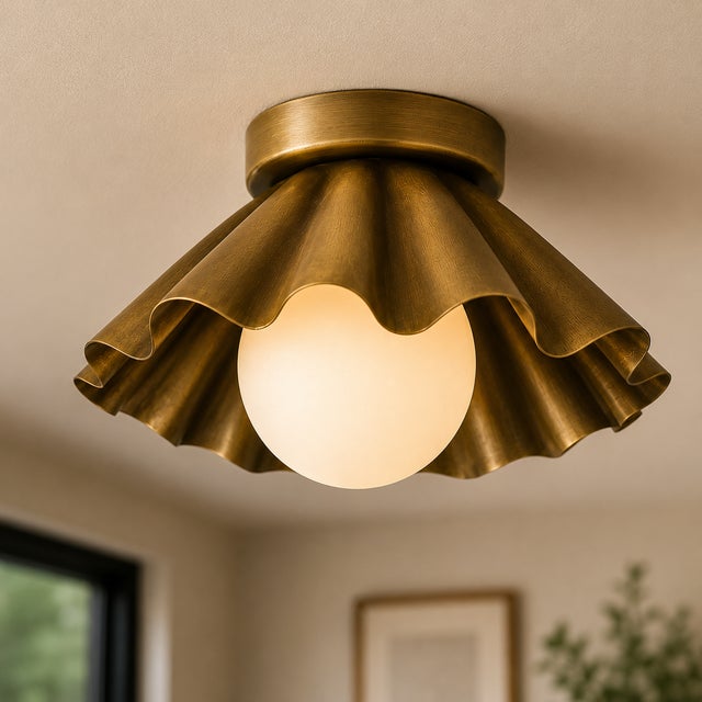Handcrafted Solid Brass Scalloped Flush Mount Ceiling Light With Opal Glass Globe For Sale - Image 6 of 8