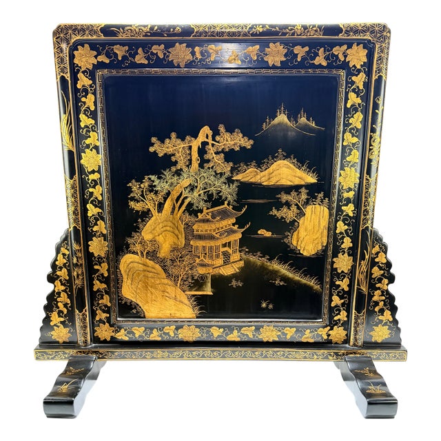 Chinese Export Style Gilt & Black Lacquer Decorated Table or Fire Screen For Sale