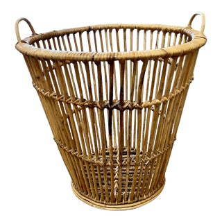 Vintage French Provincial Style Two Handled Wicker Woven Basket For Sale