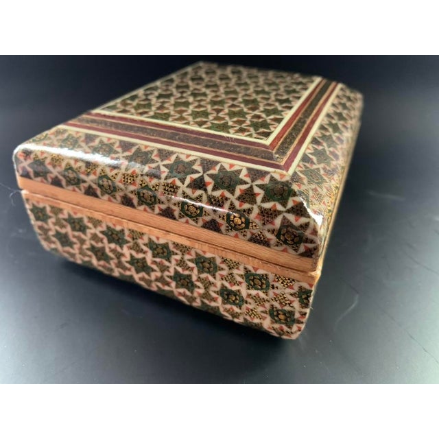 Persian Geometric Inlay Khatamkari Wood Trinket Box Lidded Rectangle For Sale - Image 6 of 9