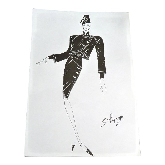 Matted Vintage 1990s Paris Fashion Stat - Signed Serge Lepage Couture Study 11" X 14" For Sale