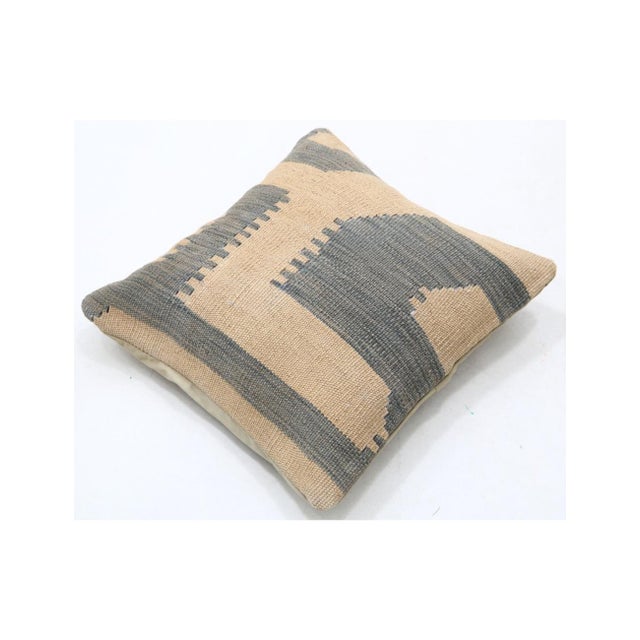 Tribal Arteverk Sand & Slate Gray Geometric Color-Block Kilim Throw Pillow 17" X 17", Handwoven Afghan Wool For Sale - Image 3 of 4
