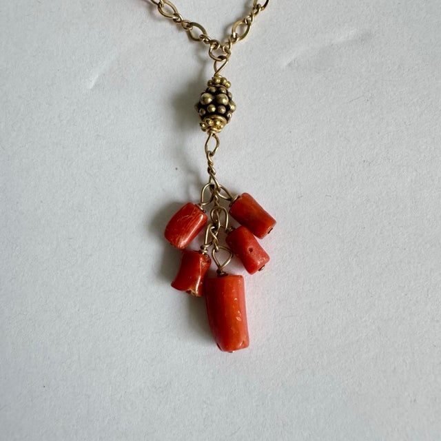 Vintage Coral Station Necklace 14k Gold Filled Lariat Y Pendant Natural Handmade For Sale - Image 4 of 9