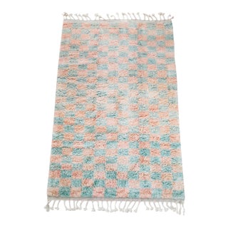 Sage & Coral Checker Beni Ourain Moroccan Wool Rug - 4x6' For Sale