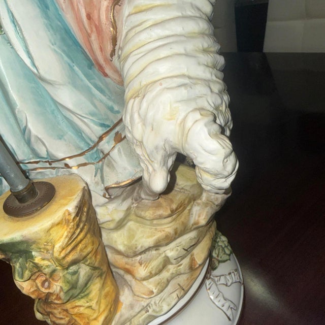 Vintage Italian Capodimonte-Style Hand Painted Porcelain Pheasant Lady With Lamb Figurine Lamp For Sale - Image 17 of 17