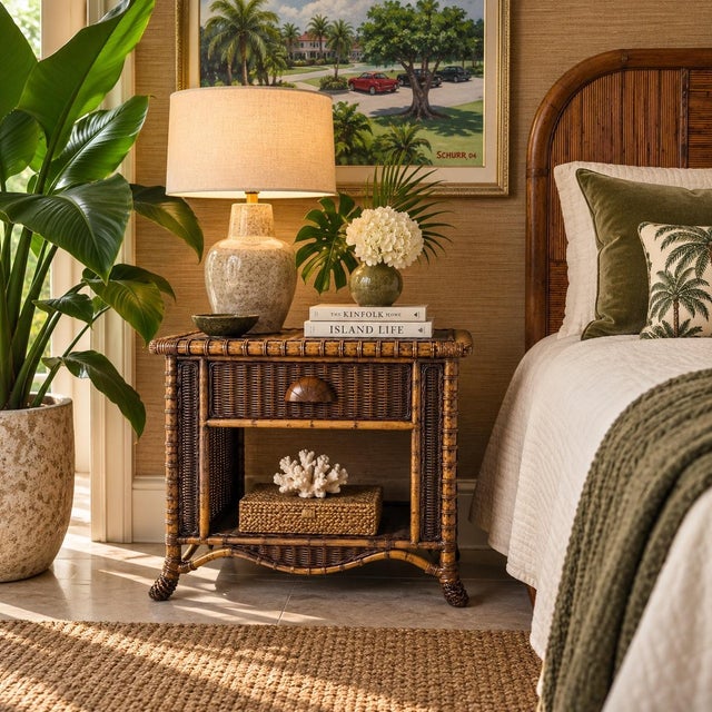 Charming vintage coastal nightstand crafted from natural bamboo and woven wicker, featuring a single drawer with a...
