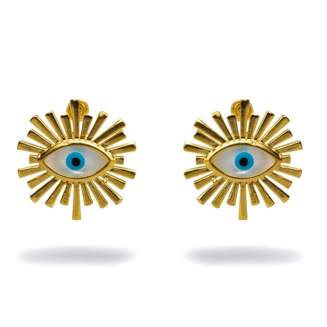Metal Guardian Aura Chunky Gold & Pearl Evil Eye Stud Earrings, A Pair For Sale - Image 7 of 7