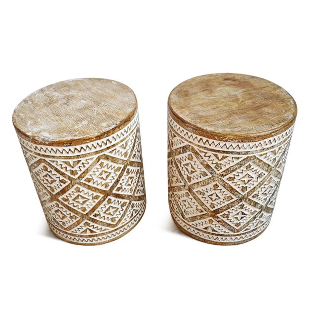 Tan Vintage Tribal Java Carved Wood Side Table Stand For Sale - Image 8 of 9