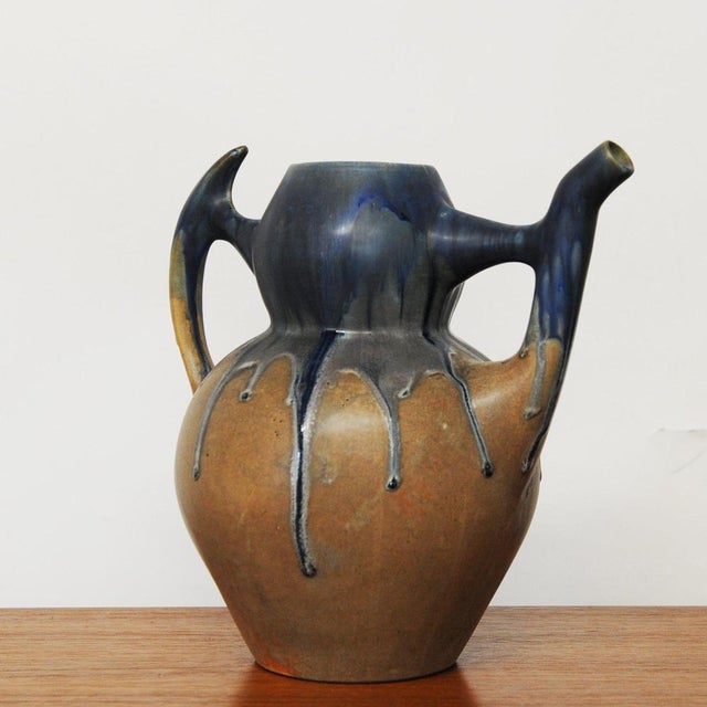 French Glazed Blue and Brown Stoneware Pitcher attributed to Gilbert Méténier, 1930s For Sale - Image 5 of 9