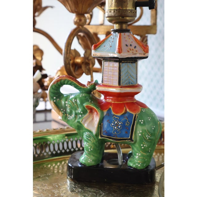Vintage Japanese Satsuma-Style Moriage Elephant Pagoda Lamp With Shade For Sale - Image 4 of 18