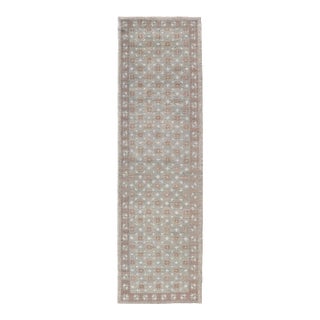 Turkish Oushak Runner With Repeating Floral Motif in Taupe and Seafoam Green For Sale