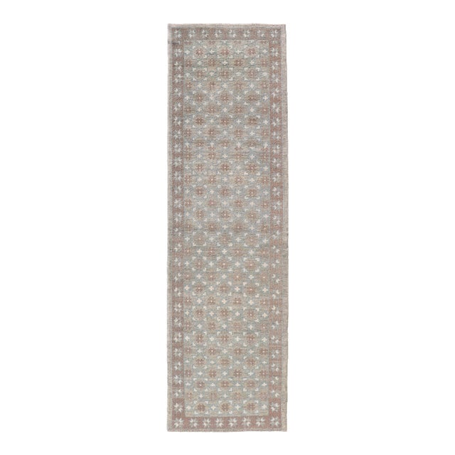 Turkish Oushak Runner With Repeating Floral Motif in Taupe and Seafoam Green For Sale
