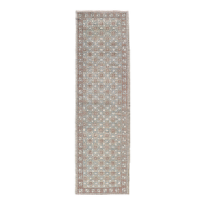 Turkish Oushak Runner With Repeating Floral Motif in Taupe and Seafoam Green
