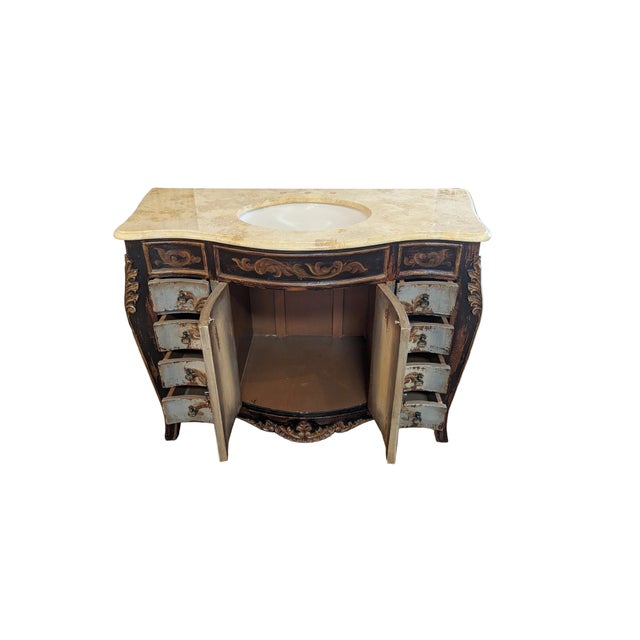 2010s French Style Hand Painted Bathroom Vanity With Marble Top and Sink For Sale - Image 5 of 9