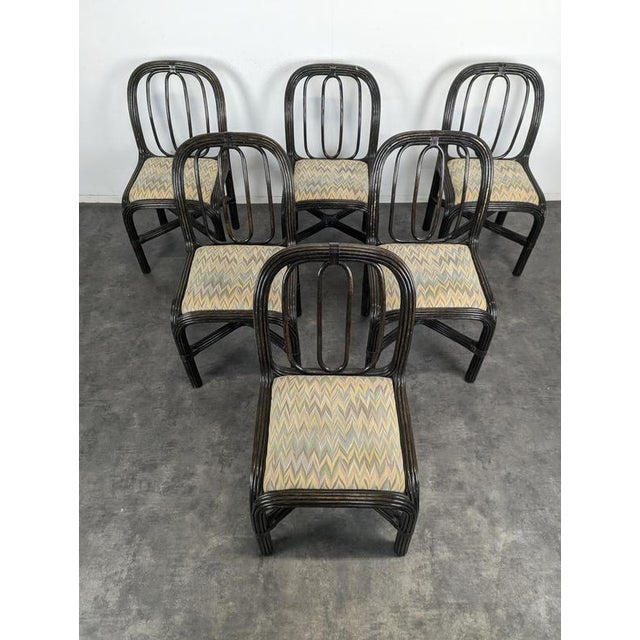 Black Lacquered Rattan Chairs with Fabric Seats, 1970s, Set of 6 For Sale - Image 4 of 10