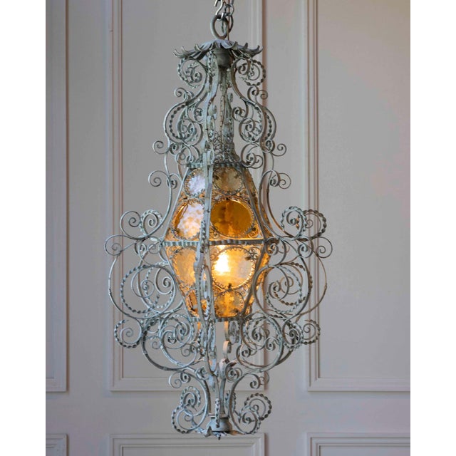 Mid 20th Century Early 1900s Italian Wrought Iron Lantern Light Green Finish Amber Glasses For Sale - Image 5 of 12