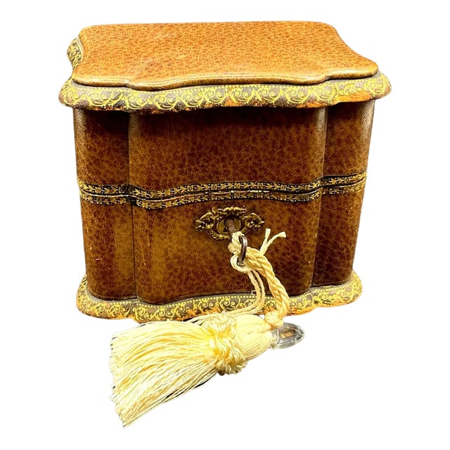 Antique Traveling Perfume Bottle in Leather Bound Ornate Case and Blue Velvet, 1800s For Sale