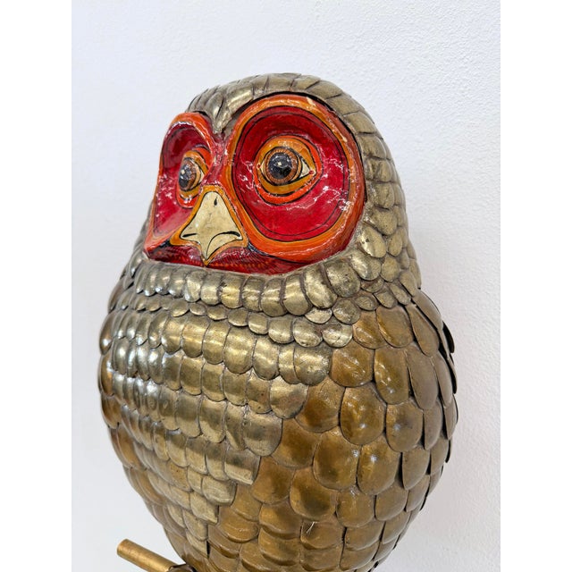 1970s Brass and Hand Painted Paper Mache Owl Sculpture, Sergio Bustamante, 1970's For Sale - Image 5 of 7