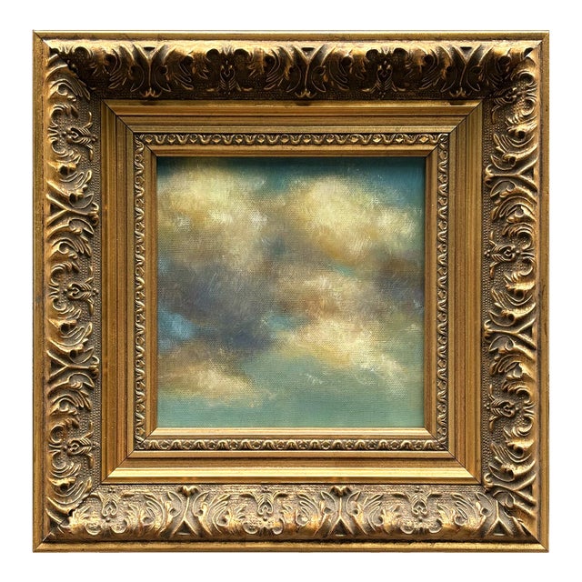 Contemporary Plein Air Cloud Oil Painting in Square Vintage Gold Frame For Sale