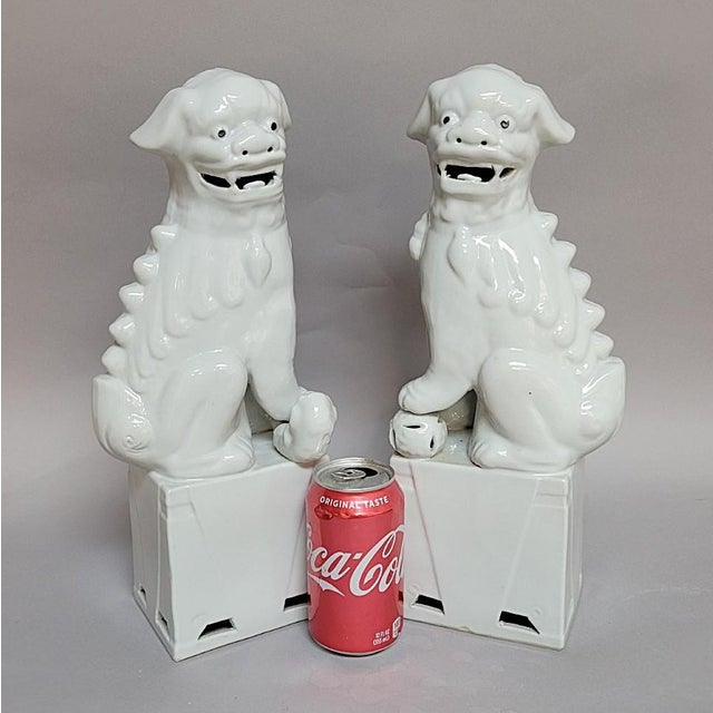 Chinoiserie Pair of Large Vintage Chinese Blanc De Chine Foo Dogs, Guardian Lions With Cub & Ball For Sale - Image 3 of 11