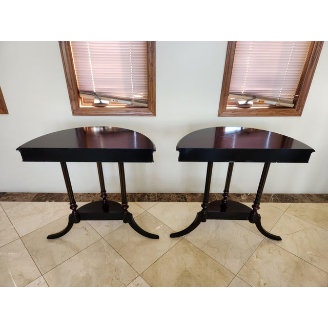 Mid-Century Modern Elegant Pair of Vintage Bombay Company Half-Round Side Tables With Gold Accents For Sale - Image 3 of 10