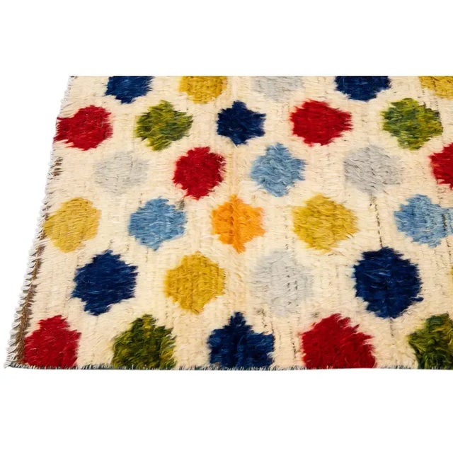 Textile Ivory Modern Moroccan Style Handmade Multicolor Dots Designed Wool Runner For Sale - Image 7 of 10
