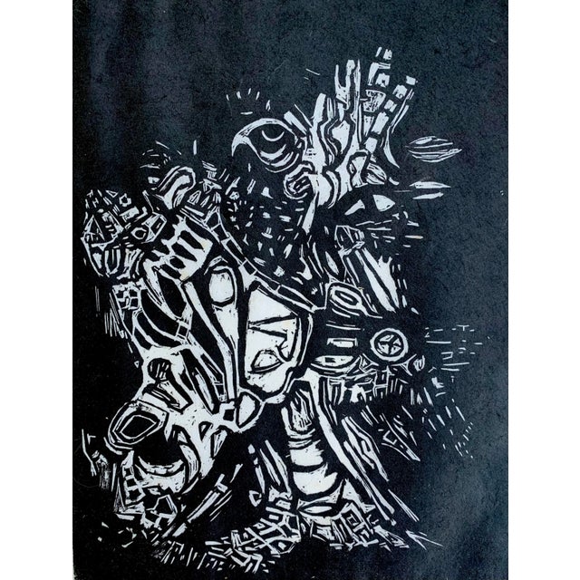 Abstract Brutalist original black ink wood block or woodcut block print by listed American artist, Leon Gordon Miller....