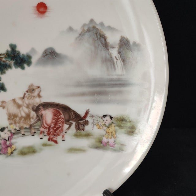 Chinese Ceramic Plate,Famille Rose Porcelain Plate Hand Painted Three Sheep and Playing Children Pattern For Sale - Image 9 of 11