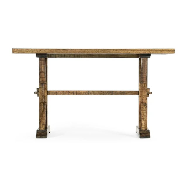 Rustic Country Dining Table with a solid distressed top, the medium driftwood rustic finish shows exposed saw marks and...