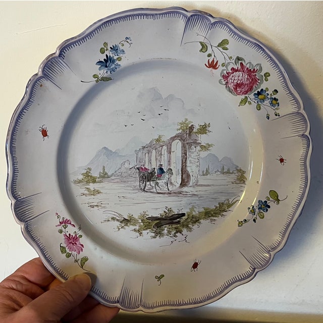 French Provincial Antique 18th Century French Veuve Perrin Faience Landscape Plates With Ruins and Windmill - A Pair For Sale - Image 3 of 11